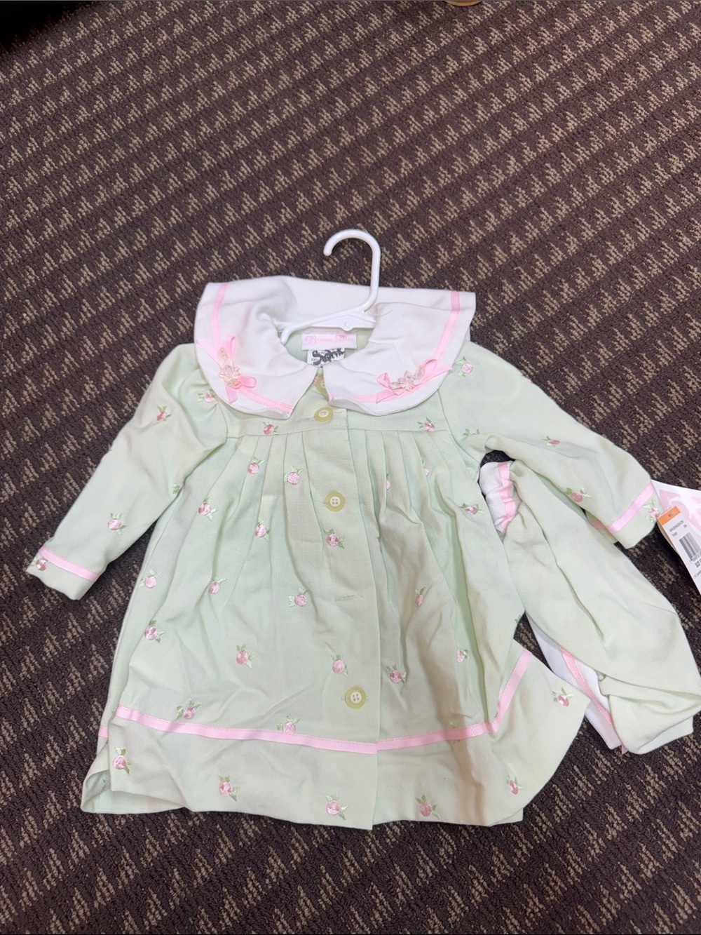 Bonnie Jean Light Green Long Sleeve Dress Top with Pink Trim
